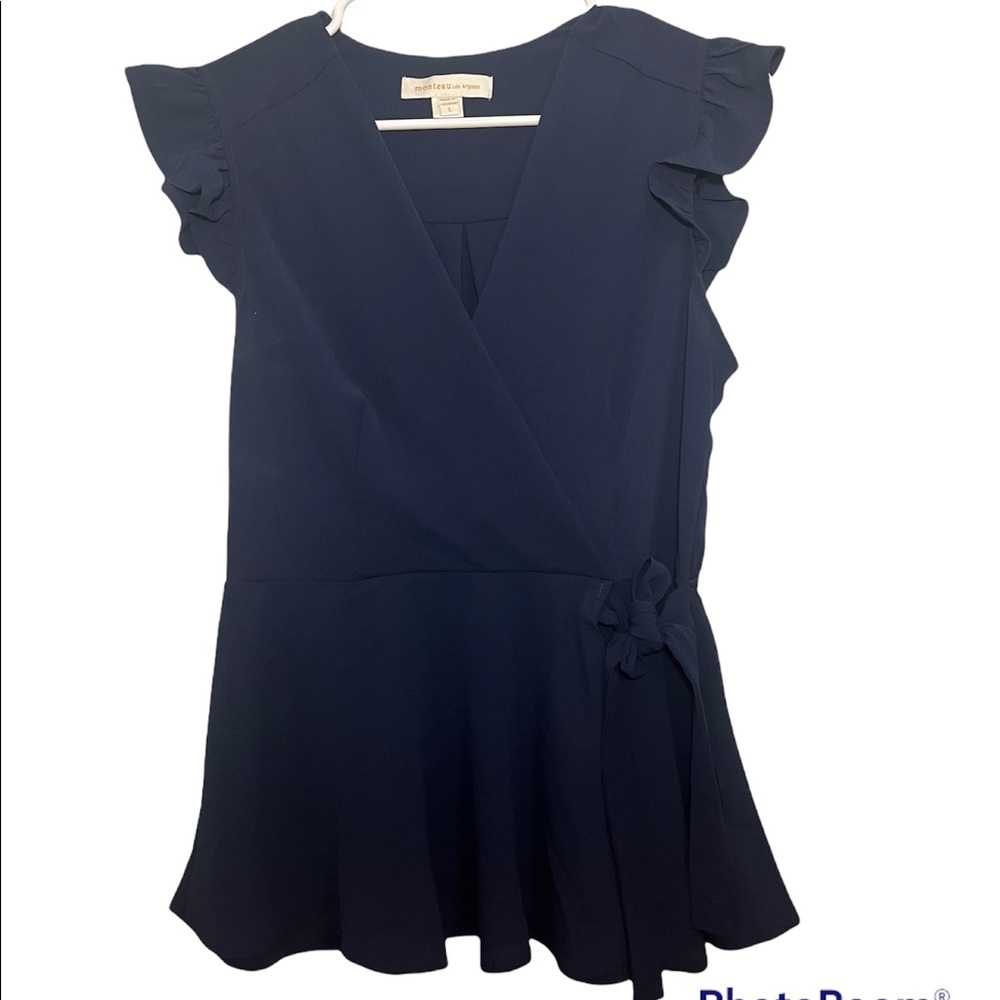 Monteau Los Angeles Navy Blue Wrap Blouse Ruffle Sleeves